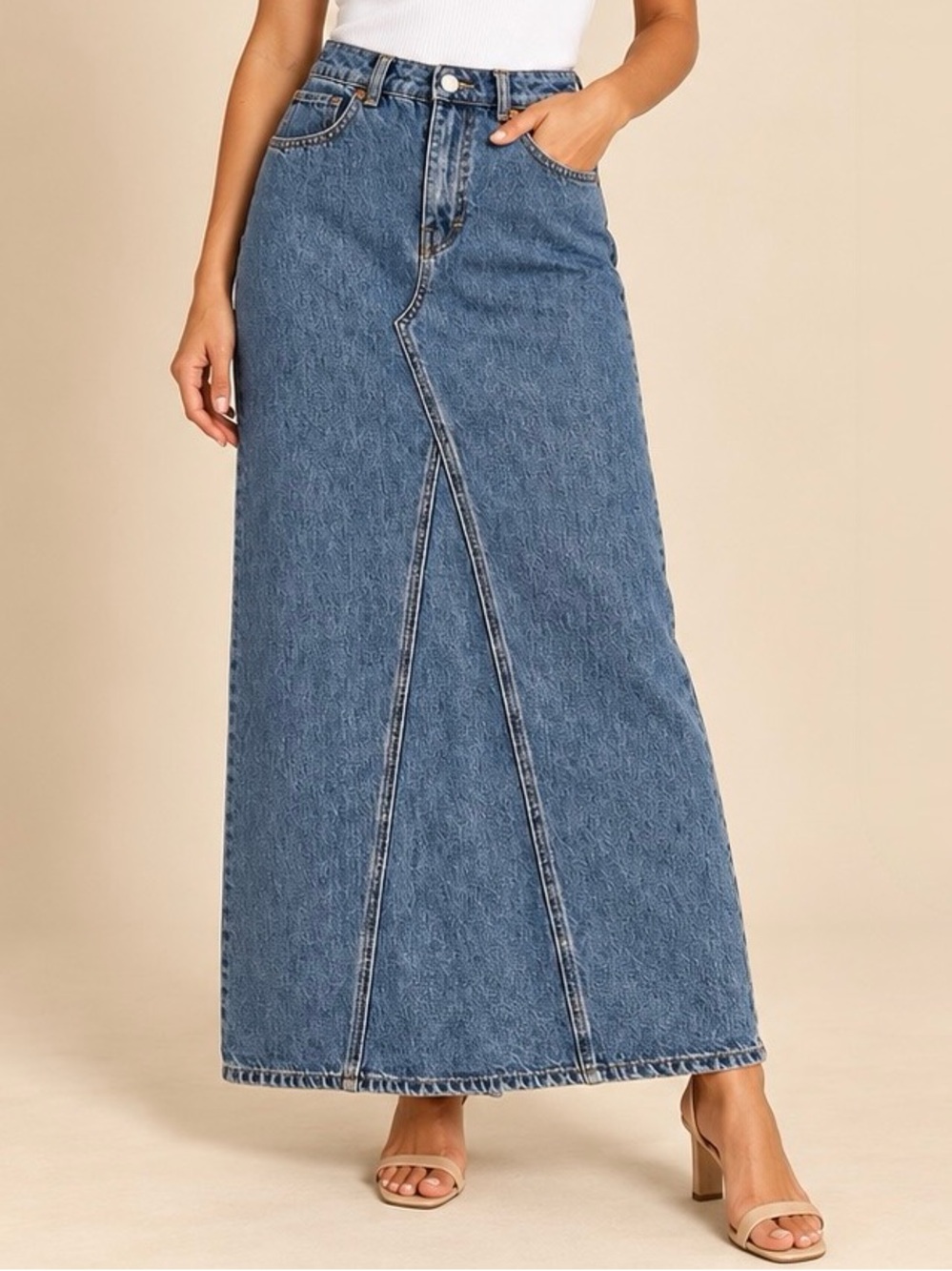 MANGO Denim Maxi Skirt Size S High Rise Column Medium Wash 90s